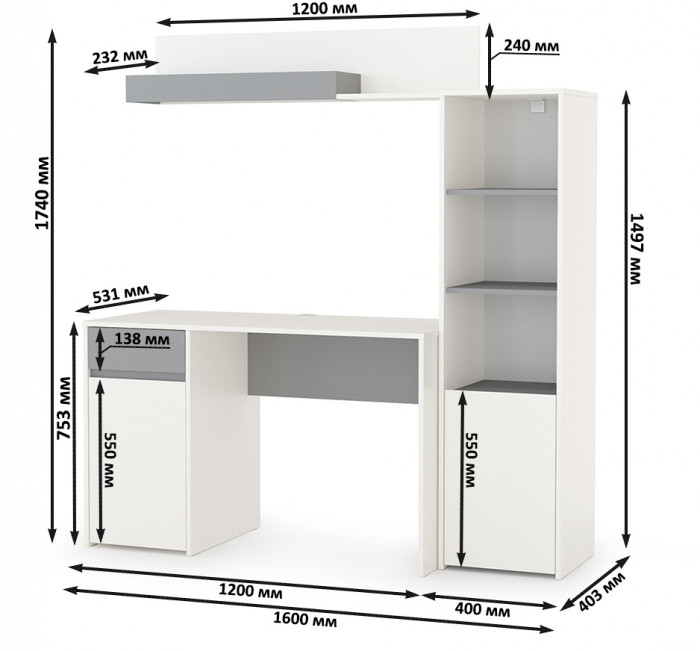 Торонто 12.149 Стол + 13.13 Шкаф комбинированный + 16.475 Полка, белый шагрень/стальной серый