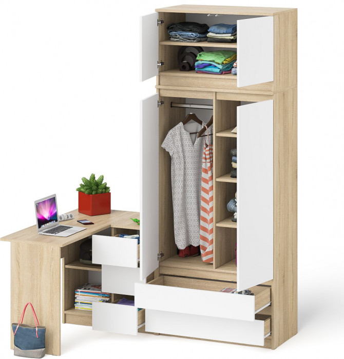 Мори компьютерный стол МС-16 правый + Шкаф МШ900.1 + Антресоль МА900.1, дуб сонома/белый