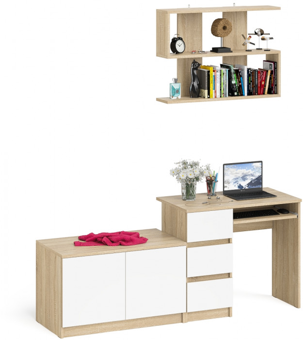 Мори компьютерный стол МС-6 левый + Тумба МА900.1 + Полка 900, дуб сонома/белый