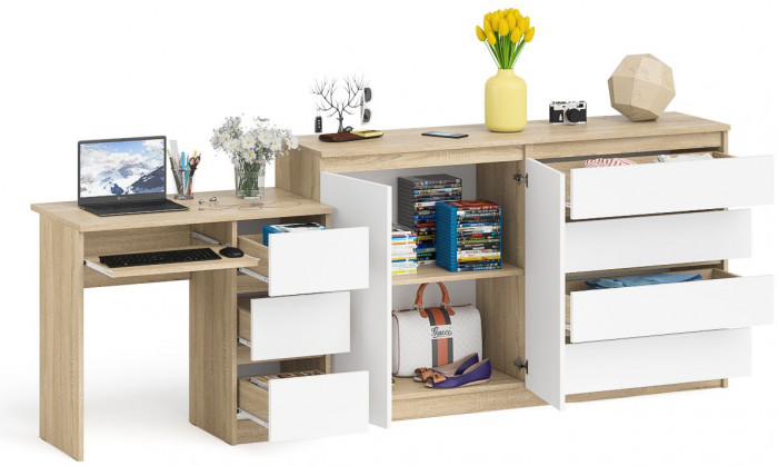 Мори компьютерный стол МС-6 правый + Комод МК1600.1, дуб сонома/белый