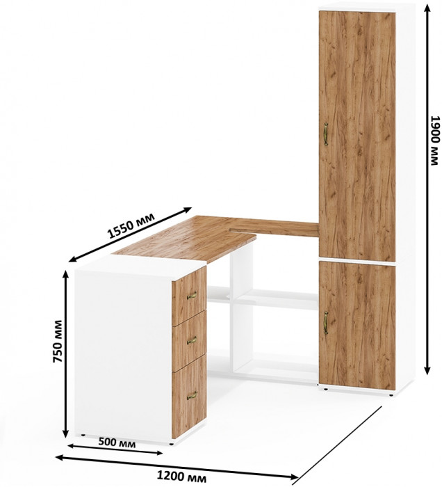 Лидер-8 Стол + Тумба МД 3.16 + Пенал МД 21Б, цвет белый шагрень/крафт золото, ШхГхВ 245х50/37,5х75/190 или 155х120/50х75/190 см., НЕ ун. сборка