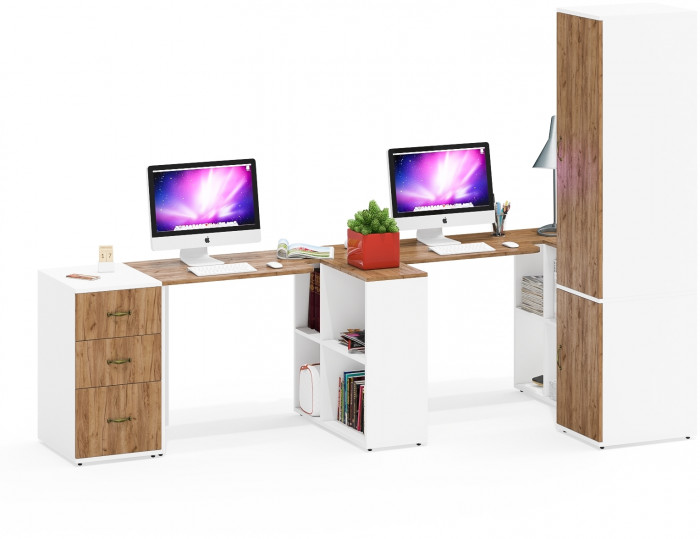 Лидер-8 Стол + Стол + Пенал МД 23Б + Тумба МД 3.16, белый шагрень/крафт золото