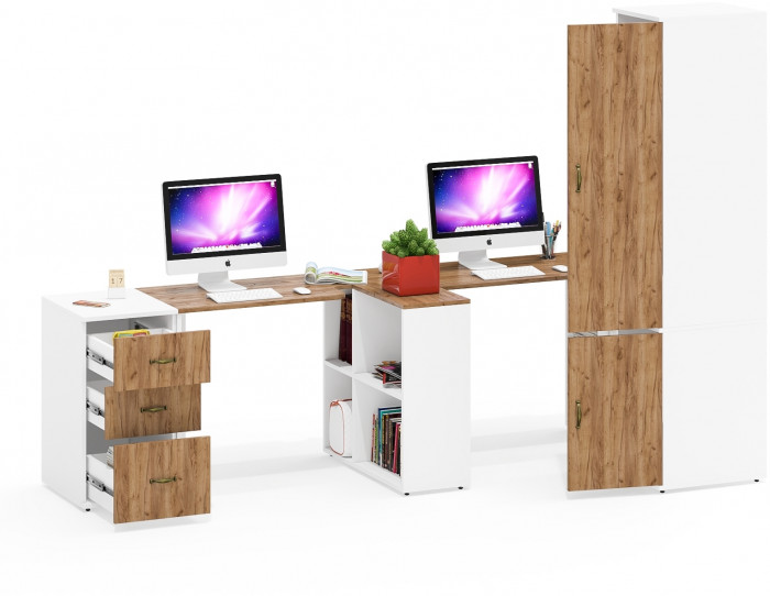 Лидер-8 Стол + Стол + Пенал МД 23Б + Тумба МД 3.16, белый шагрень/крафт золото