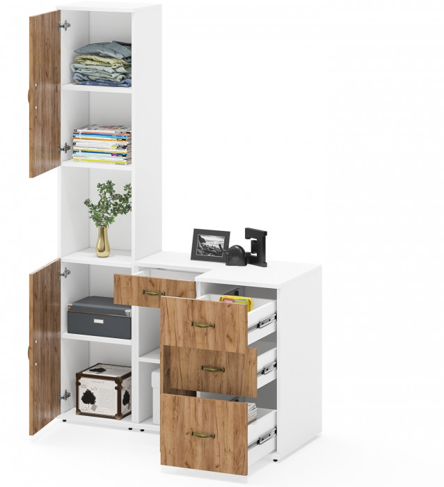 Лидер-8 Пенал + Тумба МД 3.15 + Тумба МД 3.16, цвет белый шагрень/крафт золото, ШхГхВ 120х50х190 см., универсальная сборка