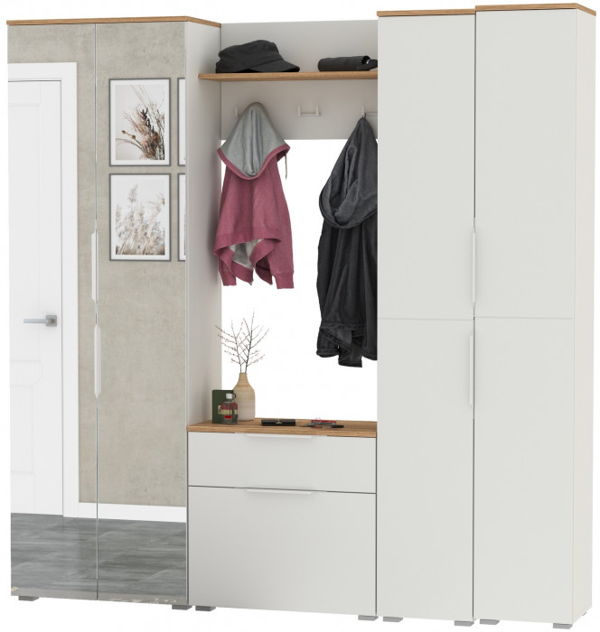 Октава Прихожая 29, белый шагрень/дуб крафт золотой/фасады МДФ белый шагрень