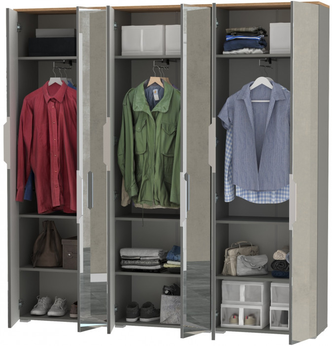 Октава 13.338 Шкаф для одежды + 13.338 Шкаф + 13.338, цвет серый графит/дуб крафт золотой/фасады МДФ серый графит/зеркало, ШхГхВ 193,2х35,3х197,6 см.