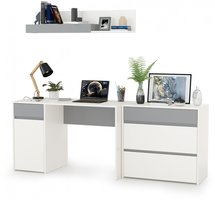 Торонто 12.149 Стол + 13.321 Комод + 16.475 Полка, белый шагрень/стальной серый