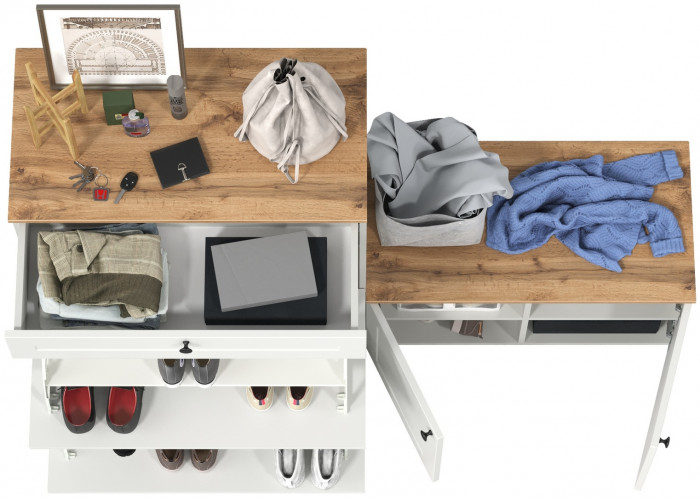 Остин 16.121 Тумба для обуви + 13.257 Тумба, цвет белый шагрень/дуб крафт золотой, ШхГхВ 160х41,9х99,3 см., универсальная сборка