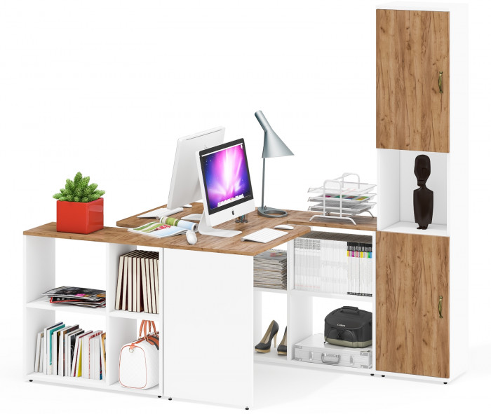 Лидер-8 Стол + Стол + Пенал, белый шагрень/крафт золото