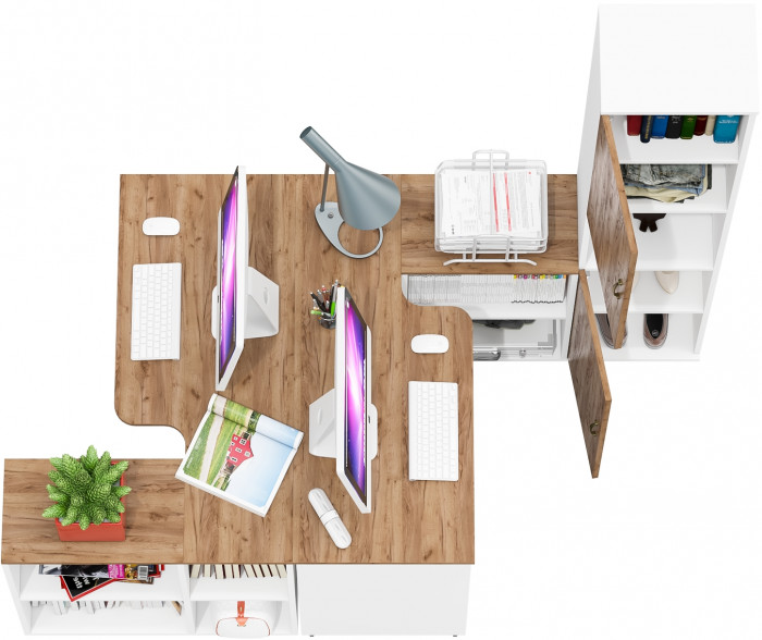 Лидер-8 Стол + Стол + Пенал, белый шагрень/крафт золото