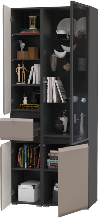 Сидней 13.202 Шкаф с ящиком + Шкаф-витрина 13.201, корпус: антрацит/фасады: МДФ веллюто капучино/стекло