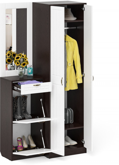 Прихожая П-6 Компоновка № 17, цвет венге/фасады МДФ белое дерево фрезеровка прованс, ШхГхВ 110х50х210 см., универсальная сборка