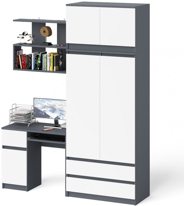 Мори компьютерный стол МС-1 левый + Шкаф МШ900.1 + Антресоль МА900.1 + Полка 900, графит/белый