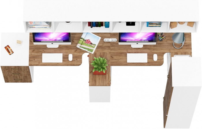 Лидер-8 Стол + Полка + Стол + Полка + Пенал МД 21Б + Тумба МД 3.16, цвет белый шагрень/крафт золото, 410х50/37,5х75/190 или 270х120/50х75/, НЕ ун. сб.