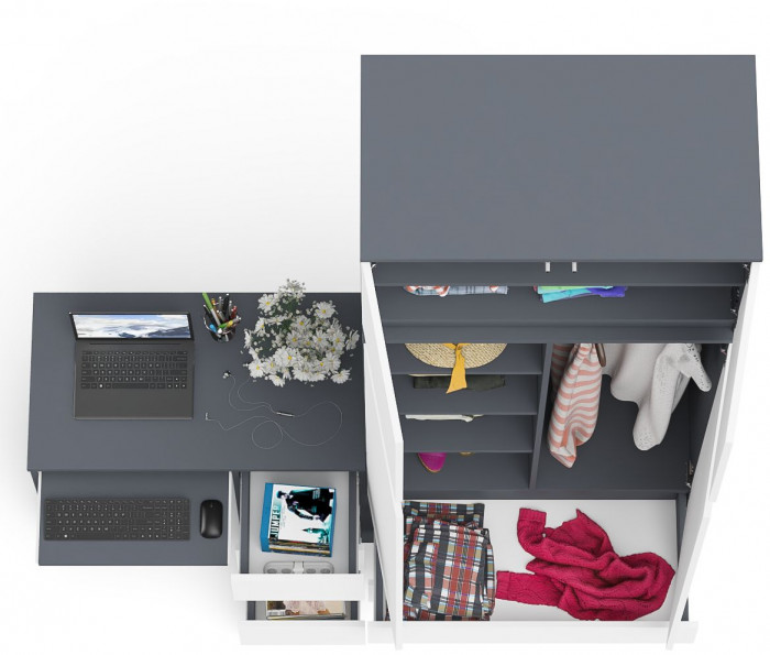 Мори Стол компьютерный МС-6 правый + Шкаф МШ900.1 + Антресоль МА900.1, цвет графит/белый, ШхГхВ 180,4х50,4х234,2 см., выдвиж. ящики справа, НЕ ун. сб.