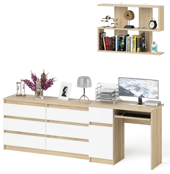 Мори компьютерный стол МС-1 левый + Комод МК1380.6 + Полка 900, дуб сонома/белый