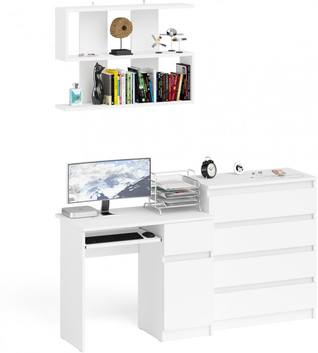 Мори компьютерный стол МС-1 правый + Комод МК800.4 + Полка 900, белый