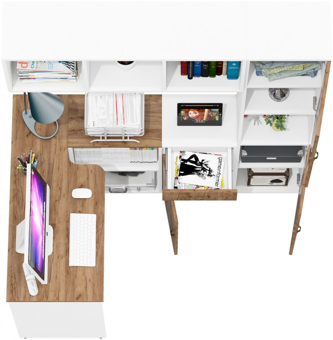 Лидер-8 Стол + Полка + Тумба МД 3.15 + Пенал, цвет белый шагрень/крафт золото, ШхГхВ 370х50/30х75/190 или 230х50/120х75/190  см., НЕ универс. сб.