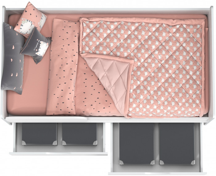 КР100 Уна 11.22 Кровать с ящиками, цвет белый(структура Поры дерева), ШхГхВ 163,8х87,6х65,3 см., 800х1600 мм., б/м, осн. есть, съёмный бортик