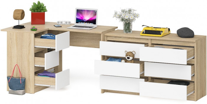 Мори Стол компьютерный МС-16 левый + Комод МК1200.6, цвет дуб сонома/белый, ШхГхВ 244,8х84,9х76,6 см., выдвижные ящики слев, НЕ универсальная сборкаа