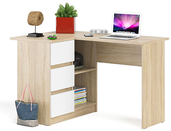 Мори Стол компьютерный МС-16 левый, цвет дуб сонома/белый, ШхГхВ 124,4х84,9х76,6 см., выдвижные ящики слева, НЕ универсальная сборка