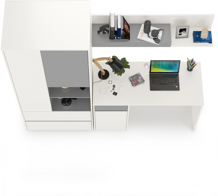 Торонто 12.149 Стол + 13.333 Шкаф для одежды + 16.475 Полка, белый шагрень/стальной серый