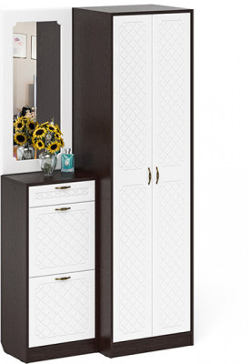 Прихожая П-6 Компоновка № 17, цвет венге/фасады МДФ белое дерево фрезеровка ромб, ШхГхВ 110х50х210 см., универсальная сборка