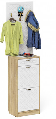 Прихожая П-6 Тумба для обуви 2 секции + Вешалка, цвет дуб сонома/фасады МДФ белое дерево фрезеровка ромб, ШхГхВ 50х35х210 см.