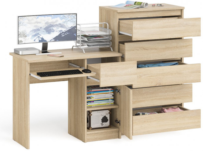 Мори компьютерный стол МС-1 правый + Комод МК700.5, дуб сонома