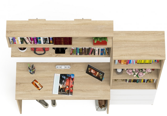 Мори письменный стол МСП1200.1 + Стеллаж МСТ600.3 + Полка 1200, дуб сонома/белый