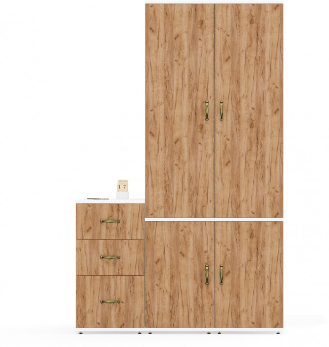 Лидер-8 Пенал МД 23Б + Пенал МД 23Б + Тумба МД 3.16, цвет белый шагрень/крафт золото, ШхГхВ 120х50х190 см., универсальная сборка