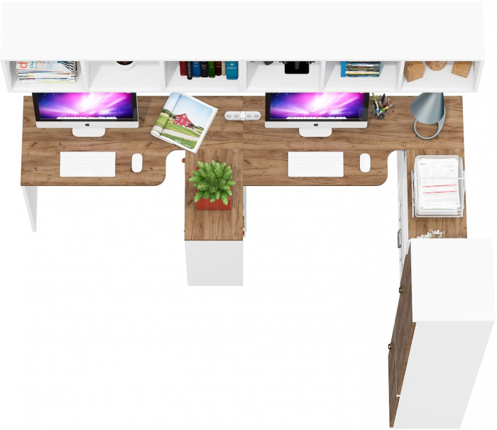 Лидер-8 Стол + Полка + Стол + Полка + Пенал МД 21Б + Тумба МД 3.19, цвет белый шагрень/крафт золото, 410х50/37,5х75/190 или 230х160/50х75/, НЕ ун. сб.