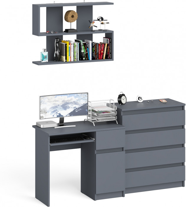 Мори компьютерный стол МС-1 правый + Комод МК800.4 + Полка 900, графит