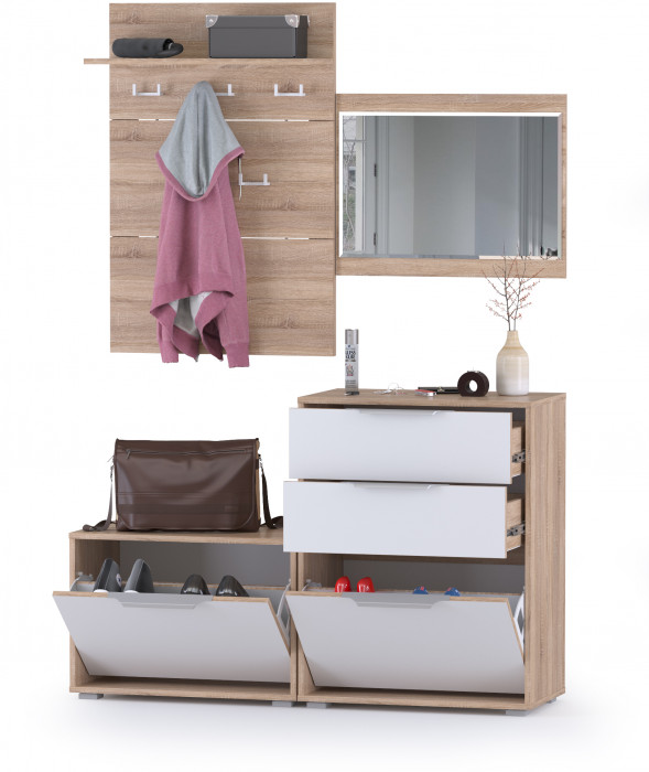 Куба Прихожая 4, обувница 13.58 + Вешалка 10.122 + обувница 13.113 + Зеркало, цвет дуб сонома/белый премиум, ШхГхВ 130х38,3х210,6 см., ун. сборка