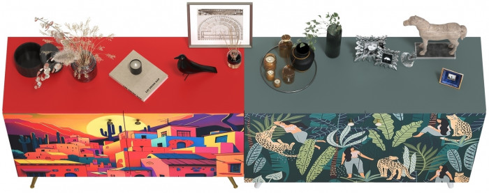 Либера Комод-тумба 16.230.01 + Кармин Комод-тумба 16.230.03, цвет пасифай/красный/белый, ШхГхВ 230,6х42,6х93,2 см., универсальная сборка