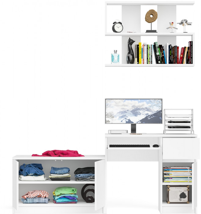 Мори Стол компьютерный МС-1 правый + Тумба МА900.1 + Полка 900, цвет белый, ШхГхВ 180,4х50,4х209,6 см., НЕ универсальная сборка