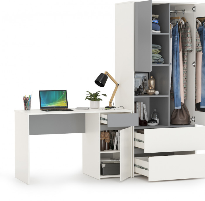 Торонто 12.149 Стол + 13.333 Шкаф для одежды, белый шагрень/стальной серый