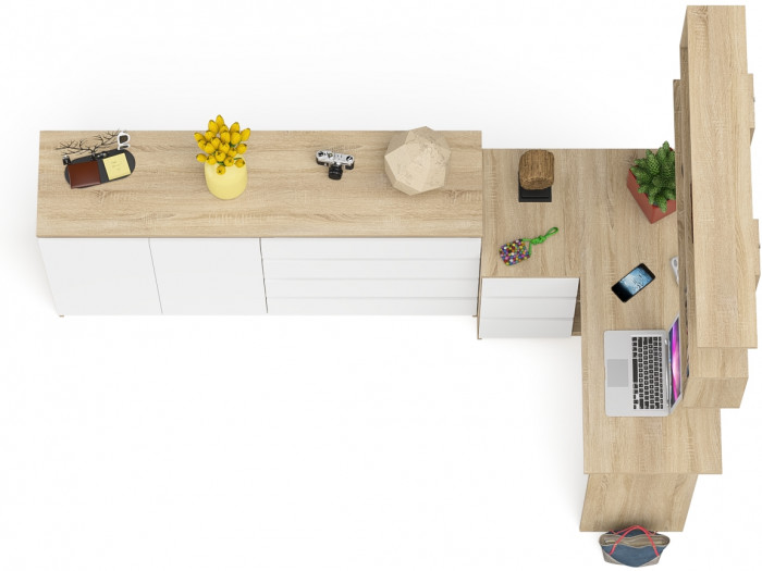 Мори компьютерный стол МС-16 левый + Комод МК1600.1 + Полка 1200, дуб сонома/белый