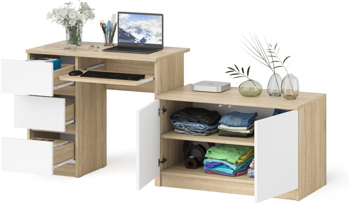 Мори компьютерный стол МС-6 левый + Тумба МА900.1, дуб сонома/белый