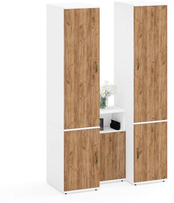 Лидер-8 Пенал МД 23Б + Пенал МД 23Б + Тумба МД 3.19, цвет белый шагрень/крафт золото, ШхГхВ 120х50х190 см., универсальная сборка