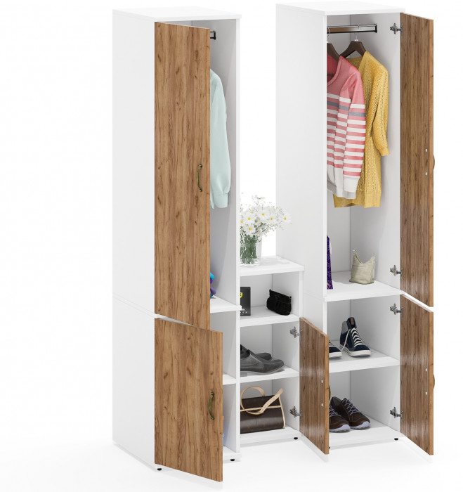 Лидер-8 Пенал МД 23Б + Пенал МД 23Б + Тумба МД 3.19, цвет белый шагрень/крафт золото, ШхГхВ 120х50х190 см., универсальная сборка