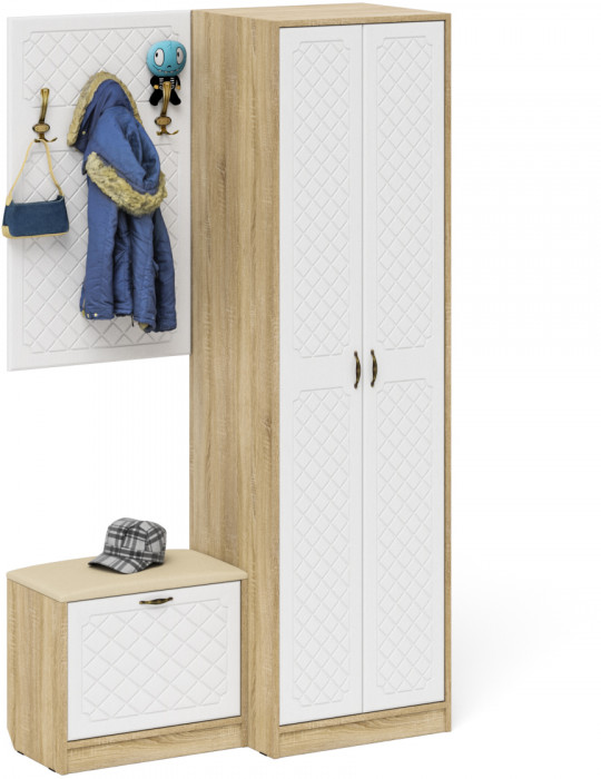 Прихожая П-6 Компоновка № 12, цвет дуб сонома/фасады МДФ белое дерево фрезеровка ромб, ШхГхВ 120х50х210 см., универсальная сборка