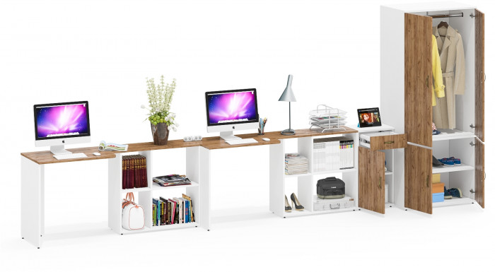 Лидер-8 Стол + Стол + Шкаф МД 19Б + Тумба МД 3.15, белый шагрень/крафт золото