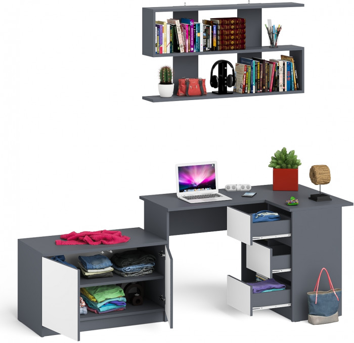 Мори компьютерный стол МС-16 правый + Тумба МА900.1 + Полка 1200, графит/белый