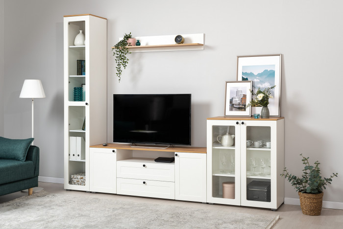 Остин 16.394.03 Шкаф-витрина(пенал), белый шагрень/дуб крафт золотой