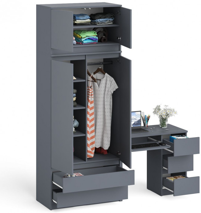 Мори Стол компьютерный МС-6 правый + Шкаф МШ900.1 + Антресоль МА900.1, цвет графит, ШхГхВ 180,4х50,4х234,2 см., выдвижные ящики справа, НЕ универ. сб.