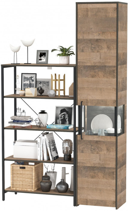 Трувор 13.151.01 Стеллаж + 13.205 Шкаф-пенал с витриной, дуб гранж песочный/интра