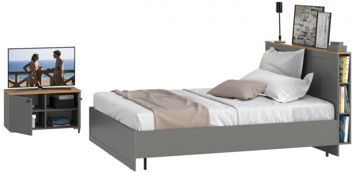 Остин 11.53 Кровать + ортопед + 13.257 Тумба, серый графит/дуб крафт золотой