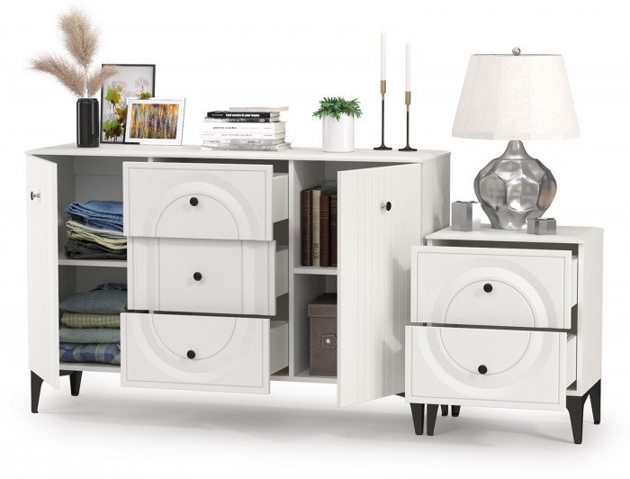 Валенсия Спальня 13.309 Комод + 13.291 Тумба прикроватная, цвет ЛДСП белый шагрень/МДФ белый шагрень, ШхГхВ 182,4х38,4х87,5 см.