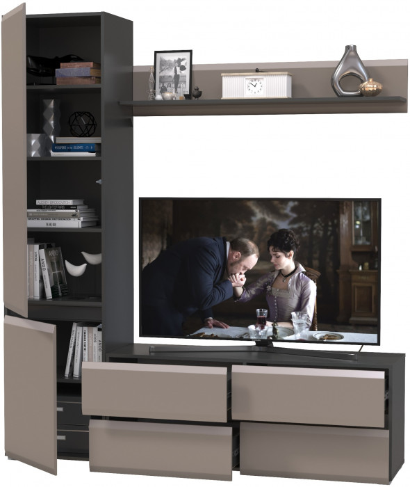 Сидней Комплектация № 046, цвет корпус: антрацит/фасады: МДФ веллюто капучино, ШхГхВ 179,9х41,3х205,2 см., ниша для ТВ 129х41х98 см., универс. сборка
